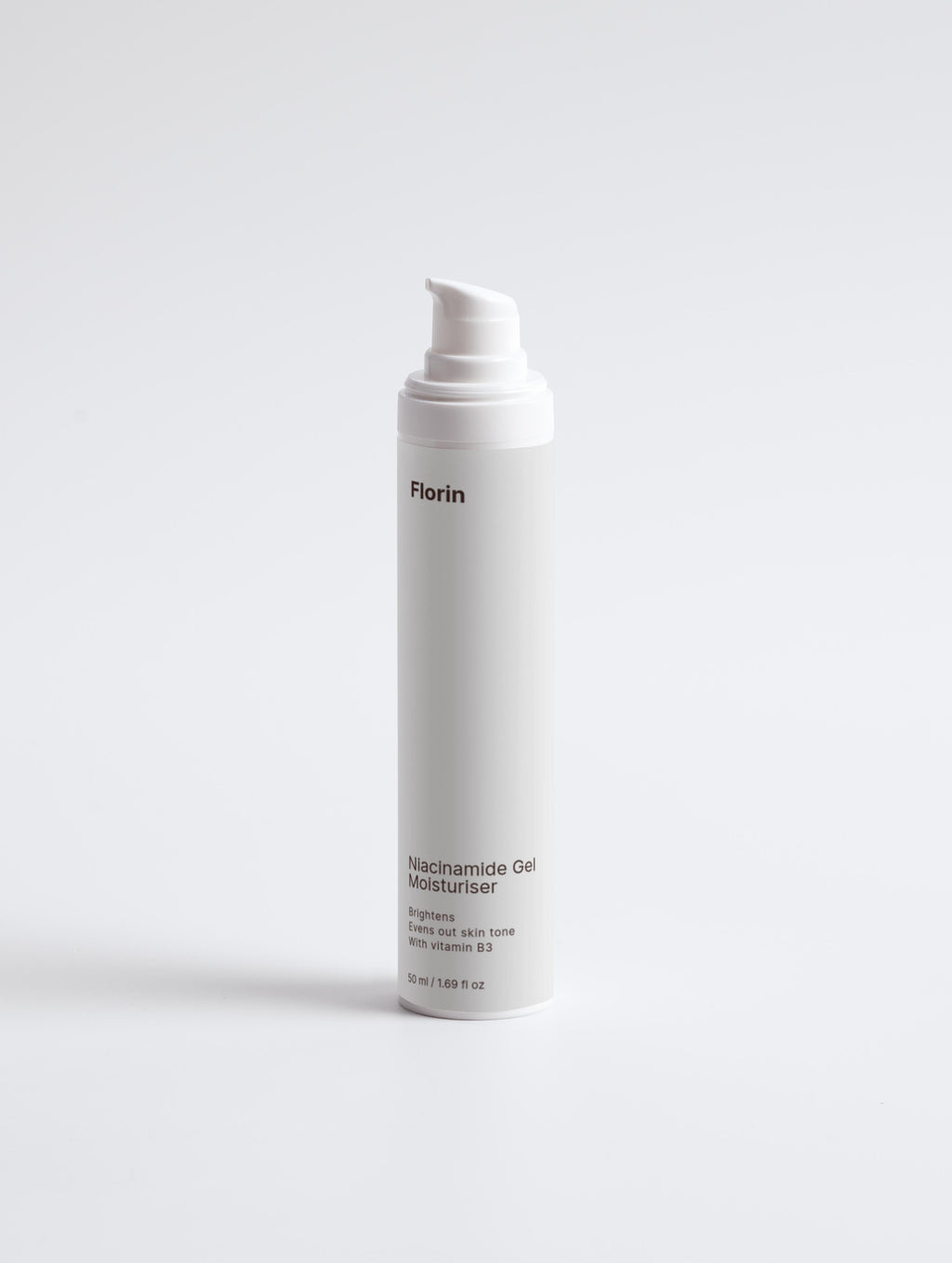 White skincare bottle with 'Florin' branding on a light gray background