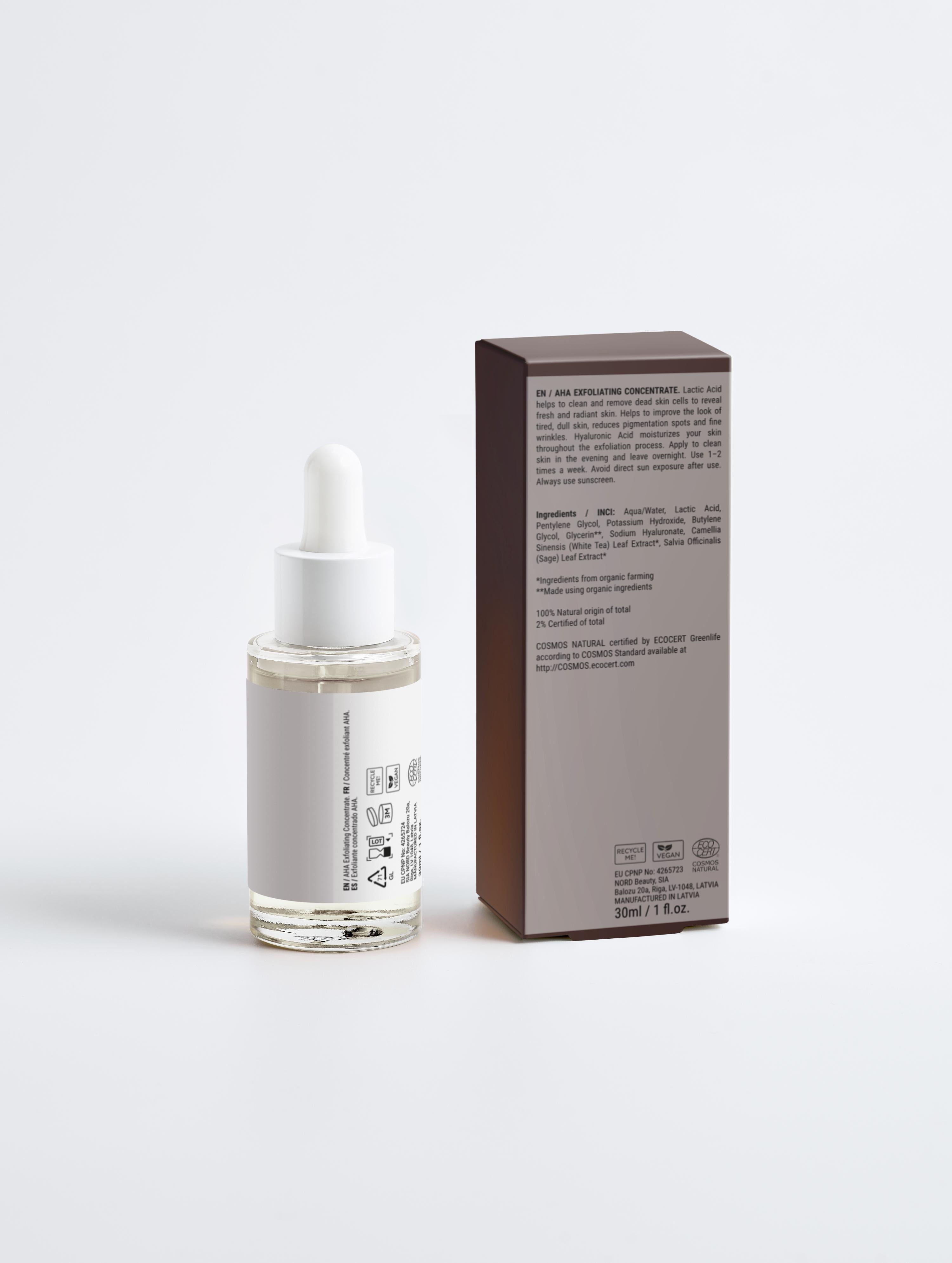 Skincare serum bottle with dropper and its packaging on a light gray background