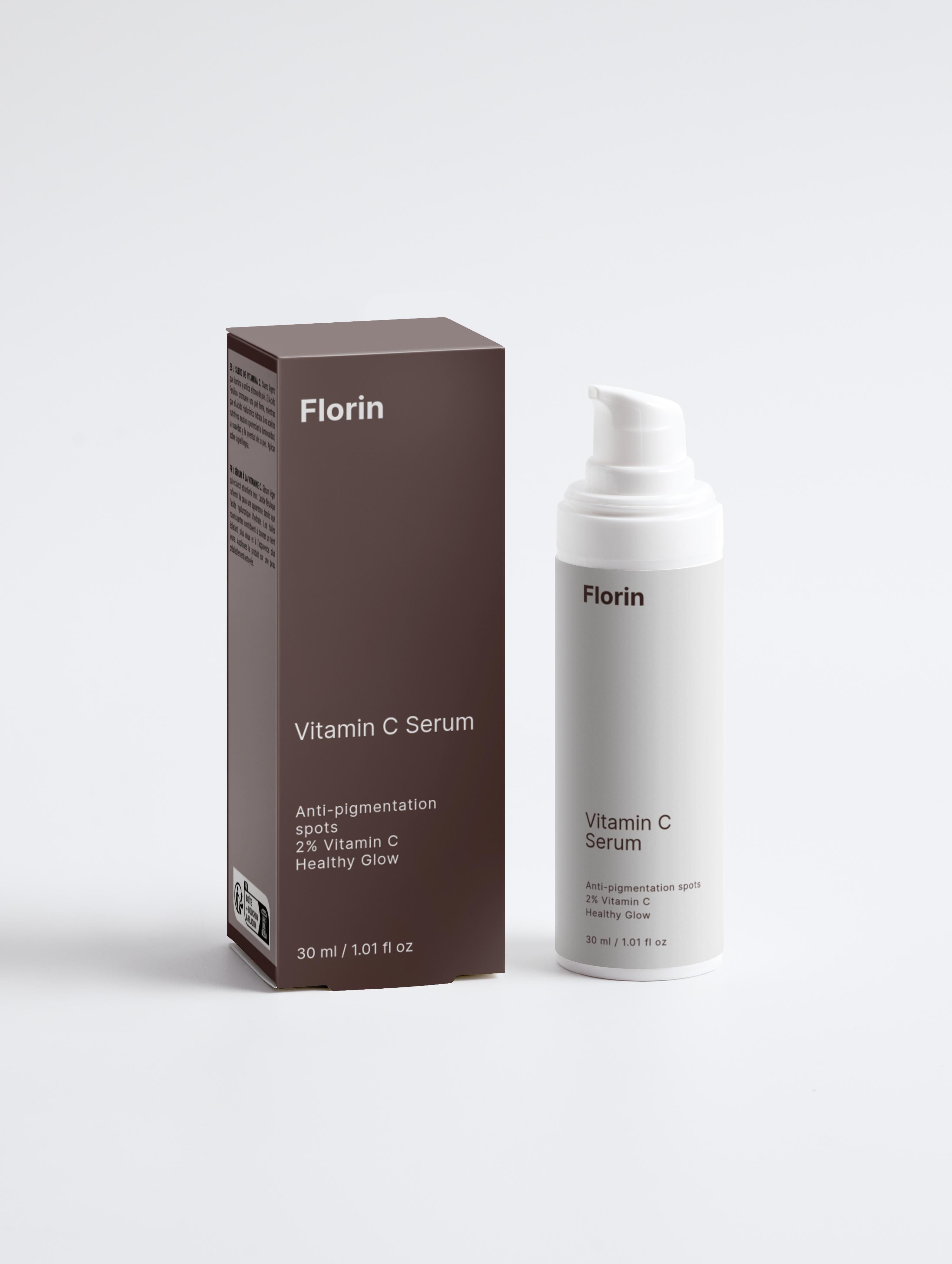 Florin Vitamin C Serum packaging including serum bottle and box on a white background