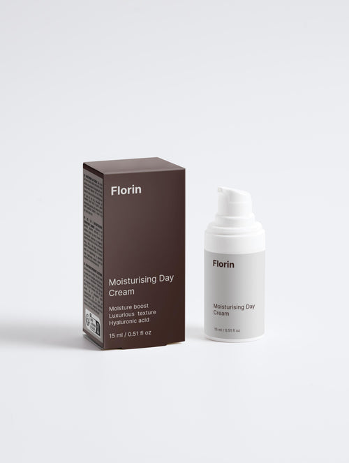 Florin moisturizing day cream bottle and packaging on a white background