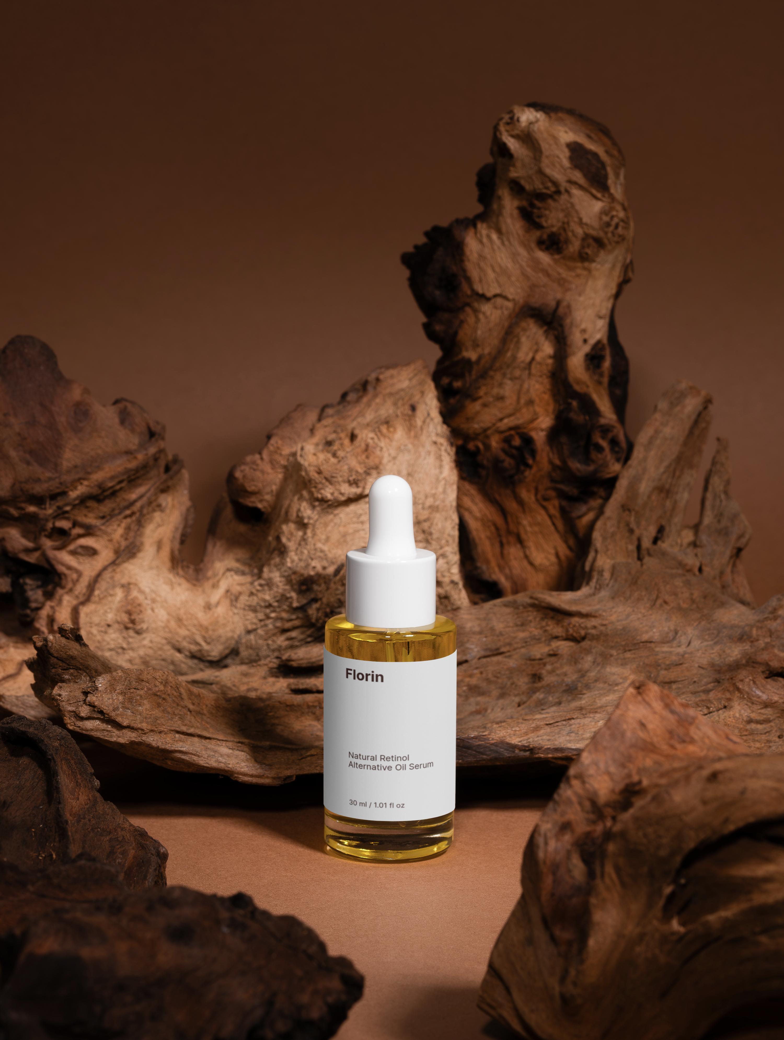 Florin skincare serum bottle with wooden background