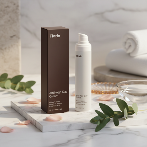 Florin Anti-Age Day Cream packaging and bottle on a marble surface with eucalyptus leaves.