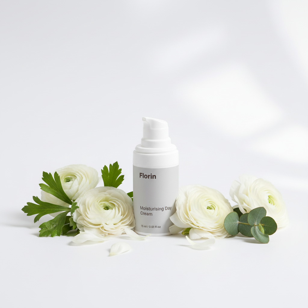 Skincare bottle labeled 'Florin' with white flowers and green leaves on a light background
