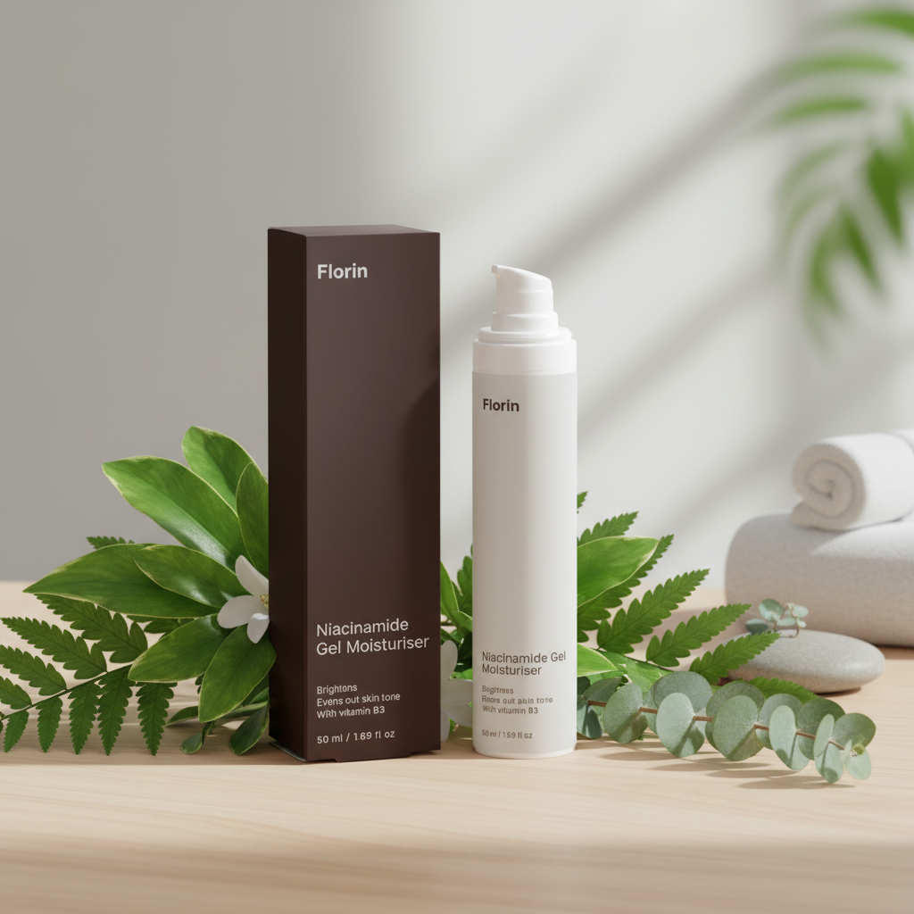 Florin Niacinamide Gel Moisturizer with packaging on a neutral background with greenery