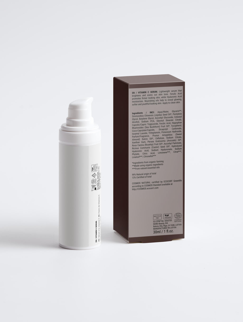 White spray bottle and brown box with text on a white background