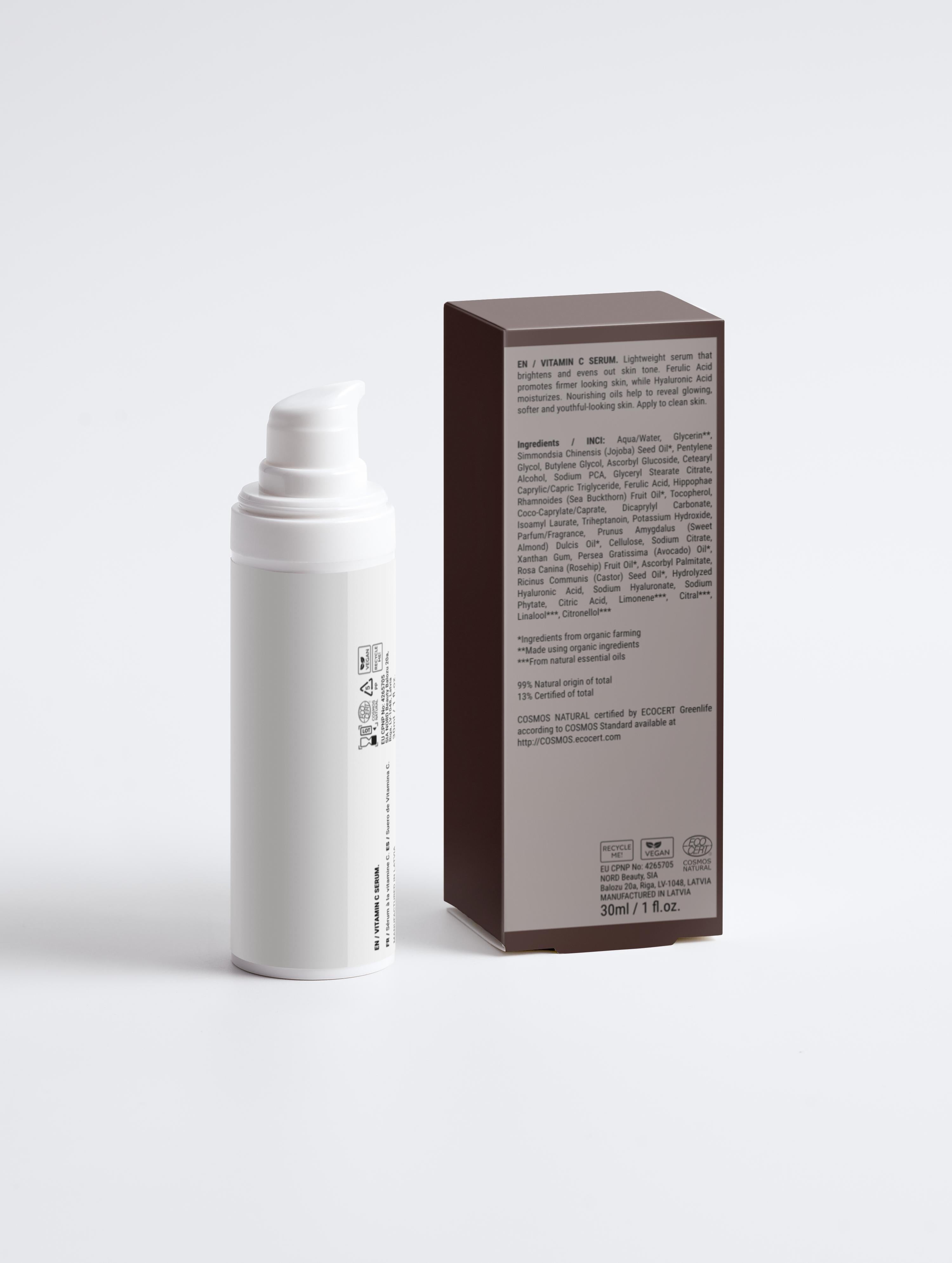 White spray bottle and brown box with text on a white background
