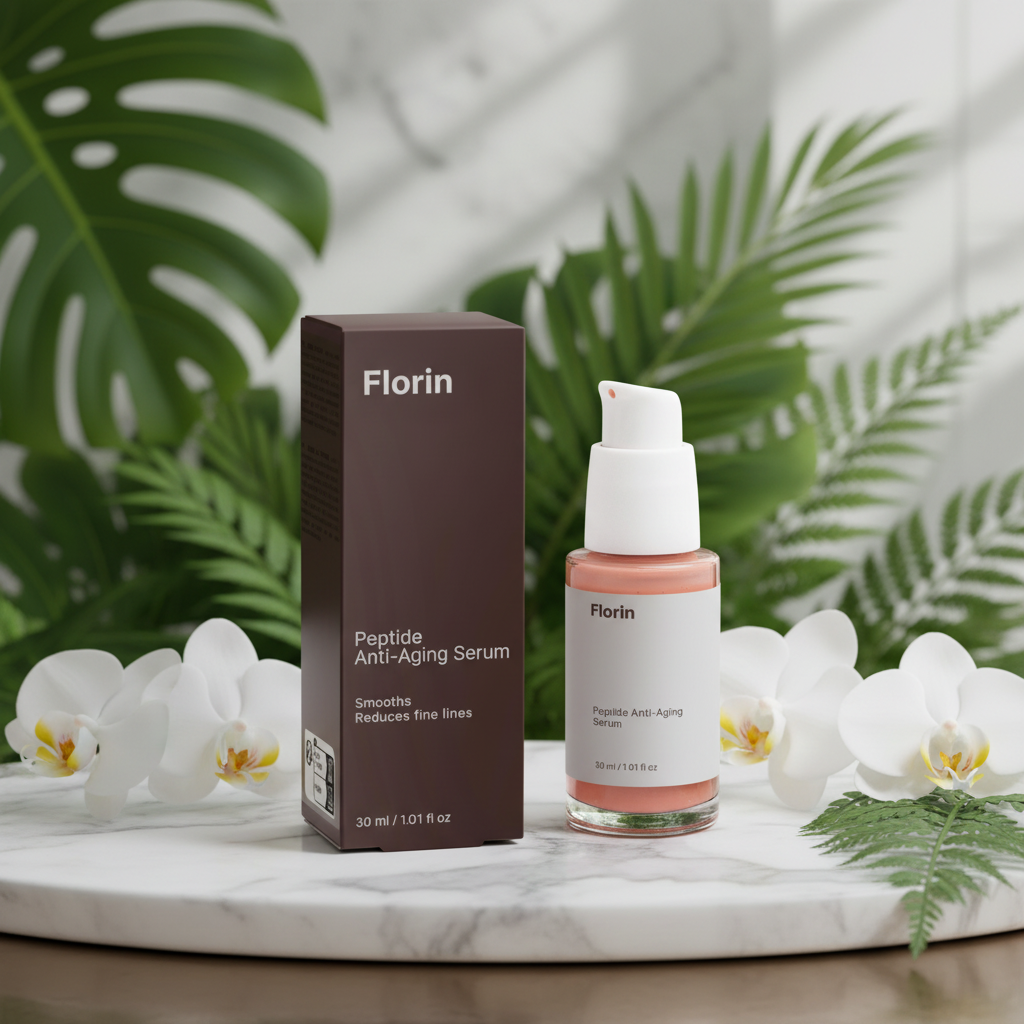 Florin Peptide Anti-Aging Serum bottle and box on a marble surface with white orchids and green leaves.