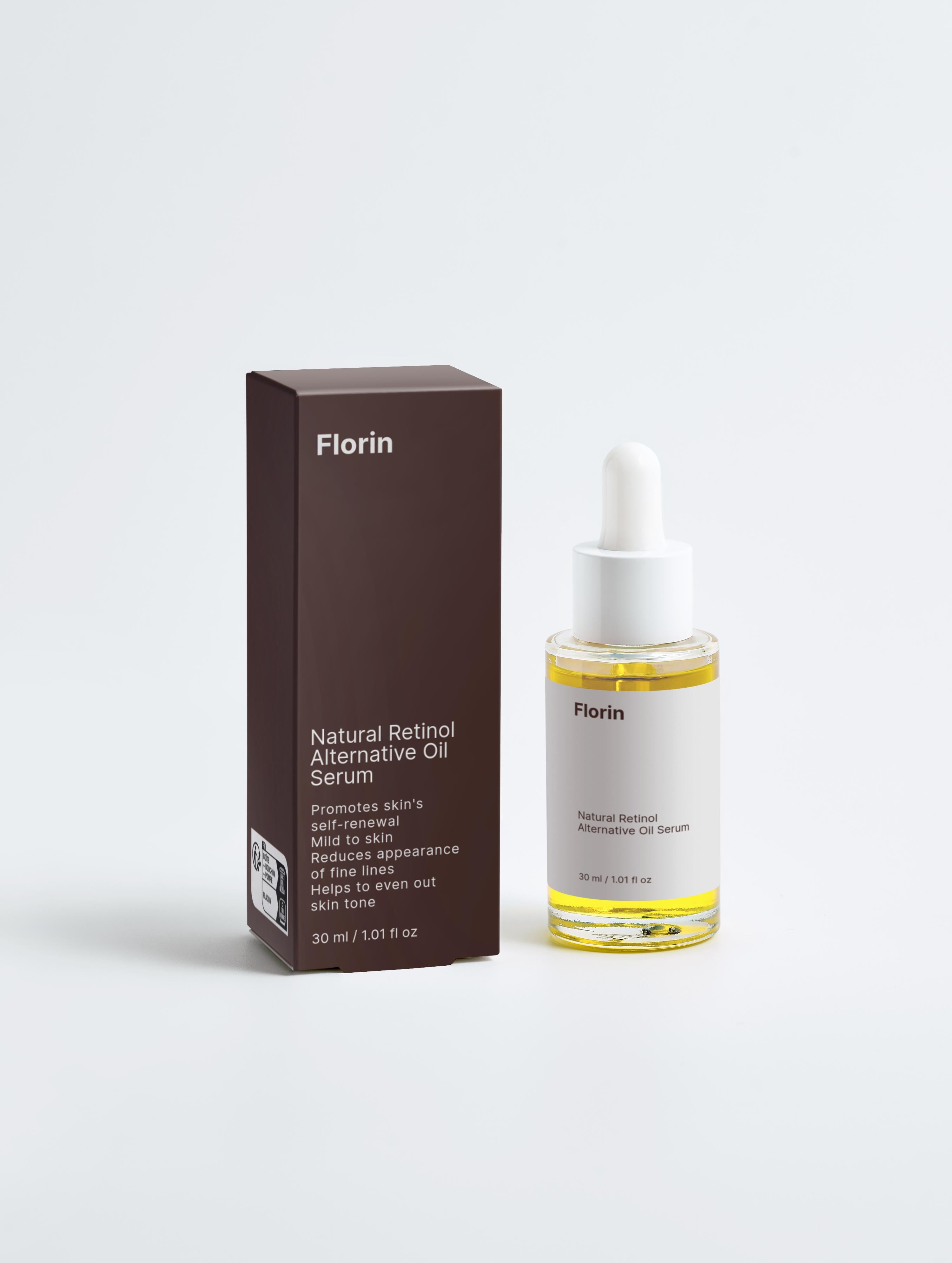 Florin Natural Retinol Alternative Oil Serum bottle and packaging on a light gray background