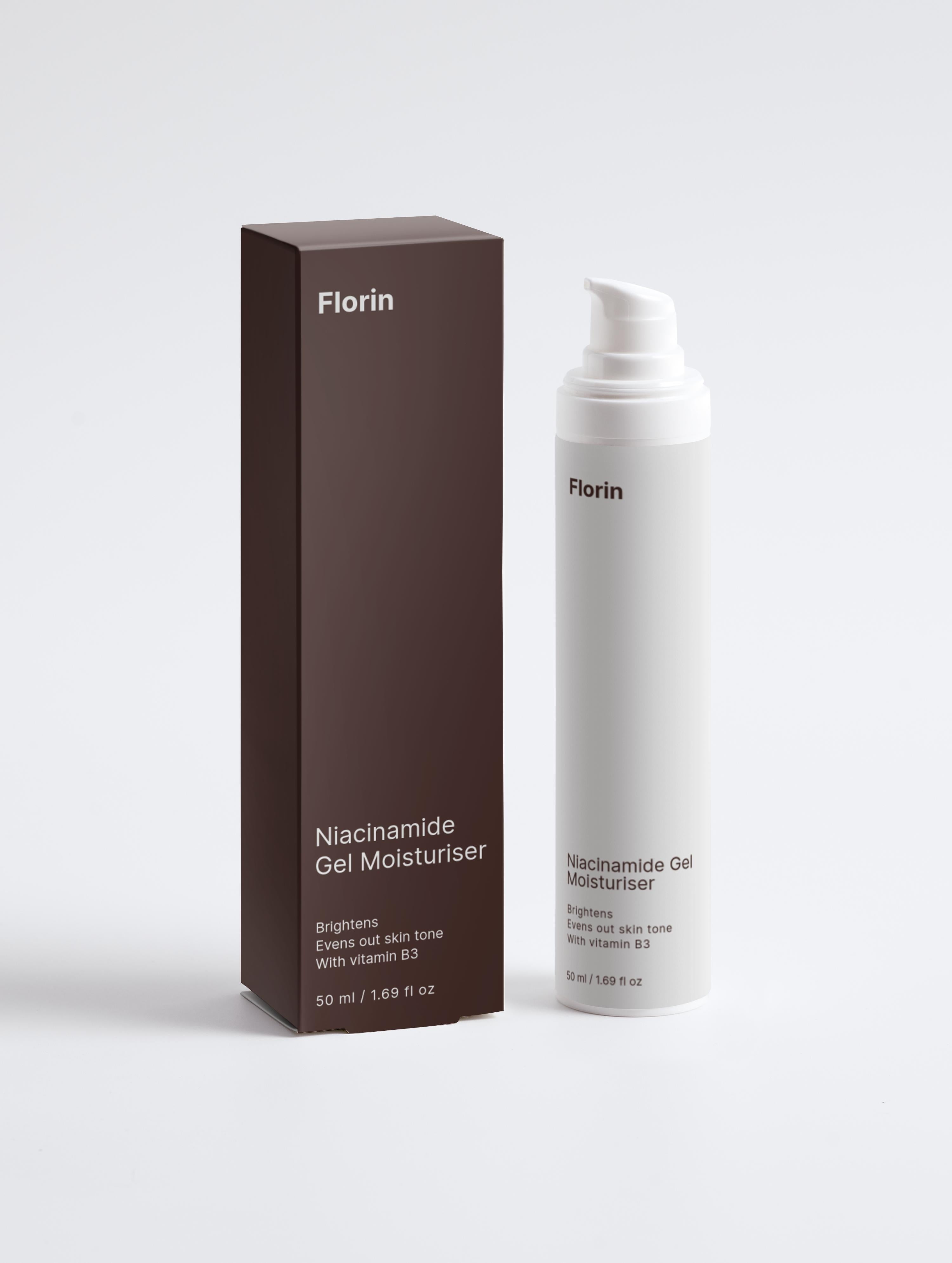 Florin Niacinamide Gel Moisturiser with packaging on a white background